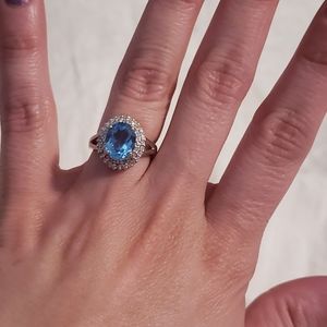 Blue Topaz + Diamonds 14K White Gold Ring,  Size 6
